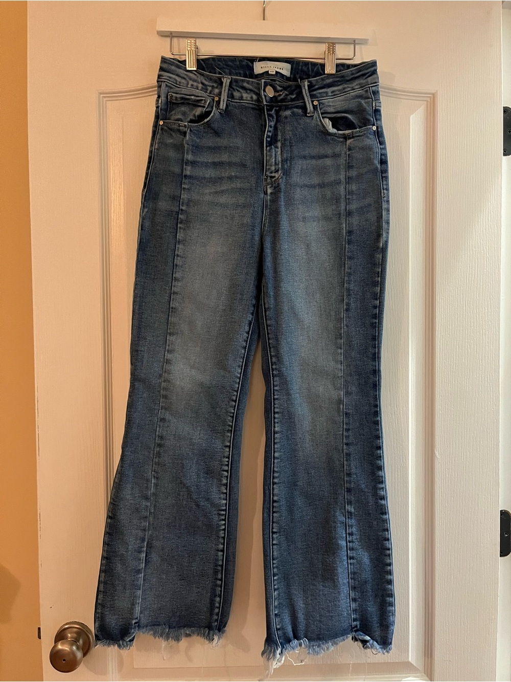 Risen Jeans Dark Blue Flare Jeans with Frayed Hem